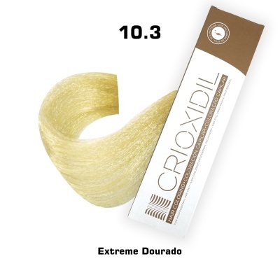 Embalagem tinta para cabelo Croxidil cor 10.3 Extreme Dourado com amostra de cabelo louro claro
