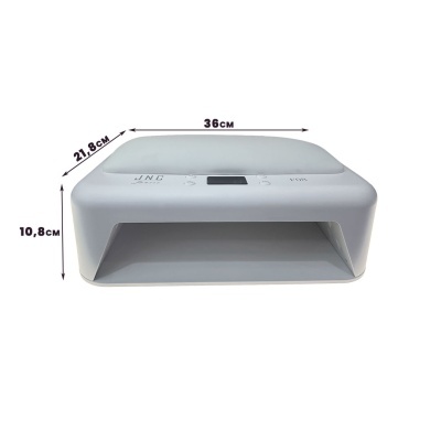 Máquina de luz UV/LED branca para unhas com painel de controlo e dimensões indicadas