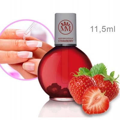 Frasco de óleo para cutículas morango com morangos frescos e aplicação em unhas femininas