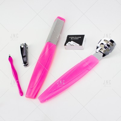 Conjunto de utensílios para cuidados de pés e unhas com cabo rosa