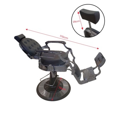 Cadeira de barbeiro reclinável preta com apoios e base redonda