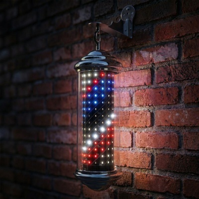 Lâmpada de barbearia LED em espiral pendurada numa parede de tijolos