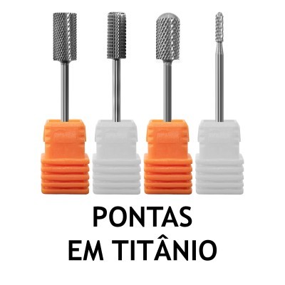 Quatro pontas de titânio para ferramentas com bases laranja e branco, texto PONTAS EM TITÂNIO