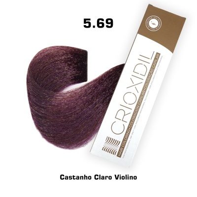 Tonalizante de cabelo Castanho Claro Violino 5.69 Croxidil com amostra de cabelo violeta castanho