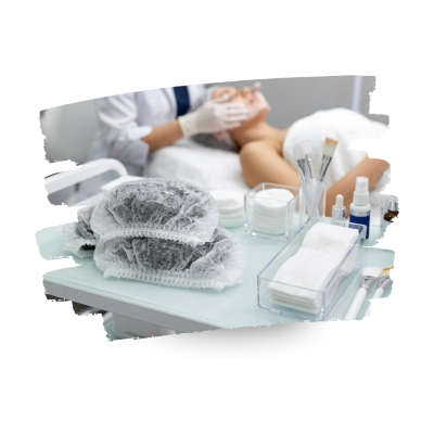 Mesa com produtos de cuidados faciais e toucas em clínica estética