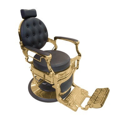 Cadeira de barbeiro dourada e preta em fundo branco