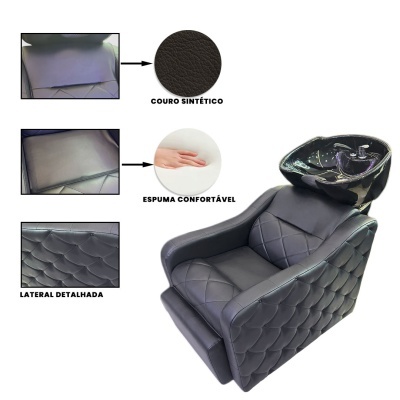 Cadeira de lavagem para salão em couro sintético preto com espuma confortável e lavatório preto