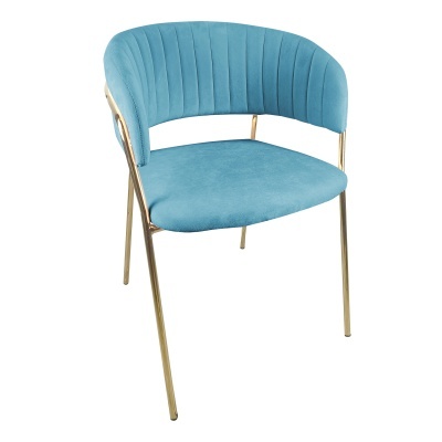 Cadeira azul claro com estrutura metálica dourada e assento estofado