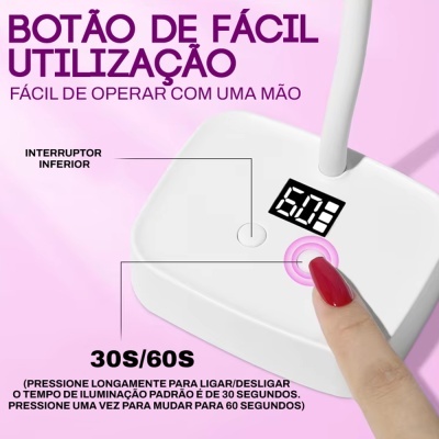 Dispositivo branco com botão sensível ao toque e ecrã digital em fundo rosa claro