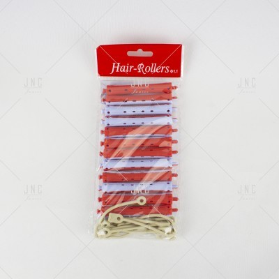 Conjunto de modeladores de cabelo vermelho e branco com elásticos em embalagem de plástico