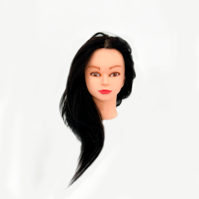 Cabeça de manequim feminina com cabelo preto longo