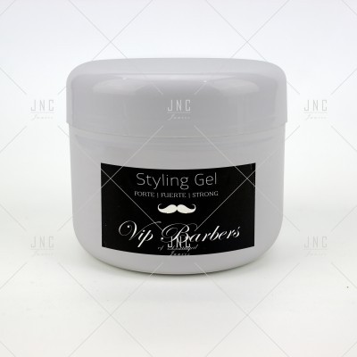 Frasco branco de gel de cabelo com rótulo preto e texto branco