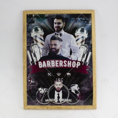 Cartaz de barbearia com imagens de homens e postes de barbearia