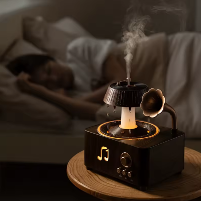Humidificador ou difusor de aroma vintage em madeira escura com vapor, numa mesa de madeira com pessoa a dormir ao fundo