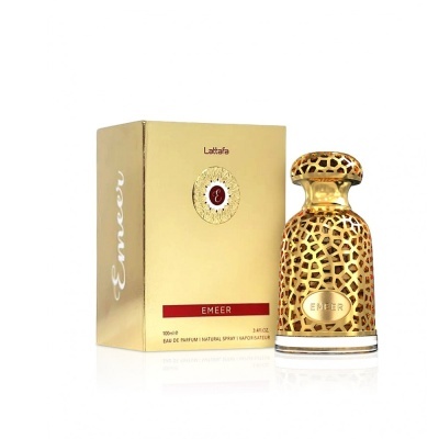 Frasco dourado de perfume Lattafa Emeer com embalagem dourada ao lado