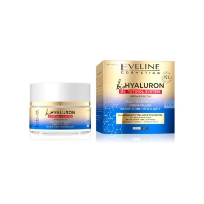 Creme facial bioHYALURON da Eveline Cosmetics com caixa dourada e azul ao lado do pote branco.