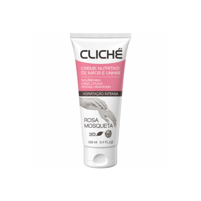 Creme nutritivo de mãos e unhas CLICHÉ em tubo branco e rosa com texto de hidratação intensa e rosa mosqueta.