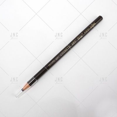 Lápis para maquilhagem preto com texto dourado e tampa transparente sobre fundo branco