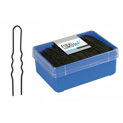 Caixa azul com molas para cabelo pretas e rótulo FIDRI sou