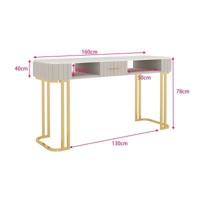 Secretária branca com pés dourados e gaveta central, vista frontal com medidas indicadas.