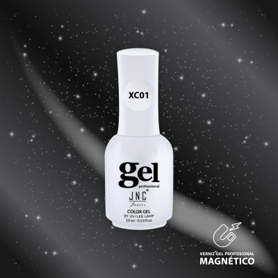 Frasco branco de verniz gel profissional magnético com etiqueta XC01 e fundo estrelado