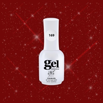 Frasco branco de gel de unha profissional JNC número 169 com fundo vermelho brilhante