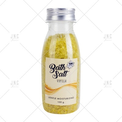 Frasco de sais de banho aroma baunilha com rótulo branco e tampa metálica