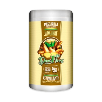 Frasco de máscara capilar de jengibre Dona Fibras com rótulo amarelo e marrom