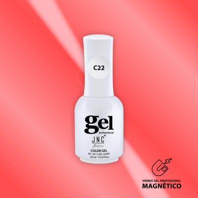 Frasco branco de verniz gel profissional JNC C22 com texto em fundo rosa