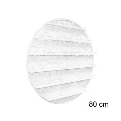 Expositor redondo branco com prateleiras e design floral de parede