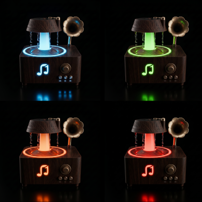 Caixa musical em madeira com luzes LED de várias cores e campainha dourada