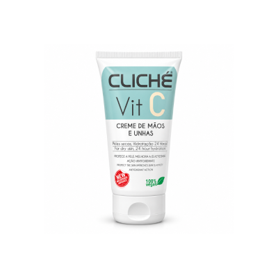 Creme para mãos e unhas CLICHÉ Vit C em tubo branco e azul claro