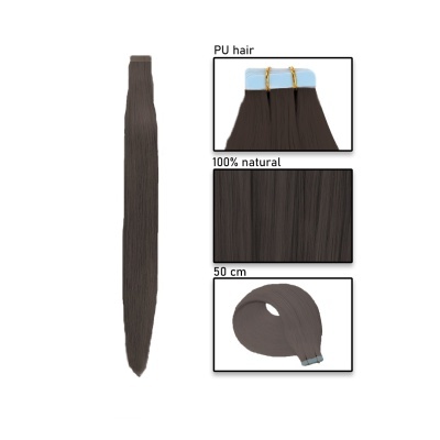 Extensões de cabelo castanho escuro liso com texto informativo em fundo branco