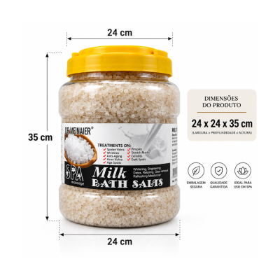frasco de sal de banho com tampa amarela e etiquetas com texto