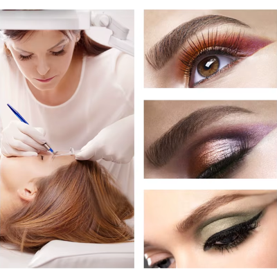 Aplicação de micropigmentação na sobrancelha e sobrancelhas maquilhadas em tons coloridos