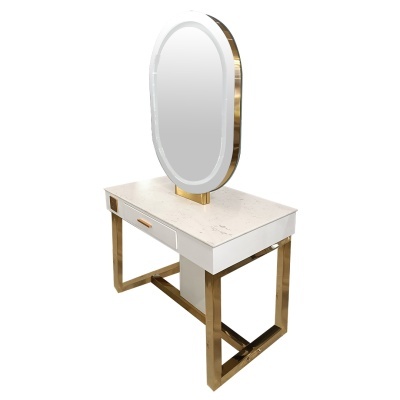 Móvel de maquilhagem branco e dourado com espelho oval