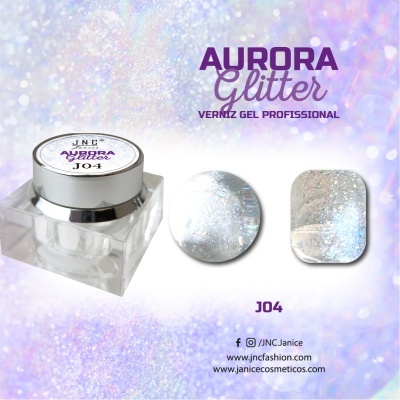 Verniz gel Aurora Glitter J04 com textura glitter prateado e embalagem transparente