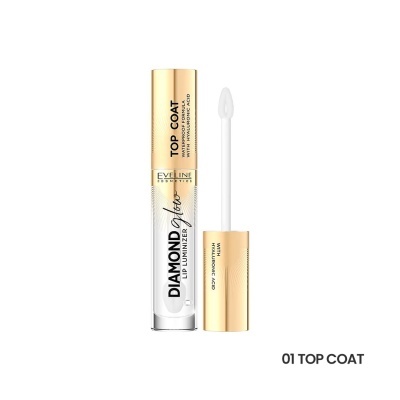 Frasco de top coat transparente com tampa dourada e aplicador aberto