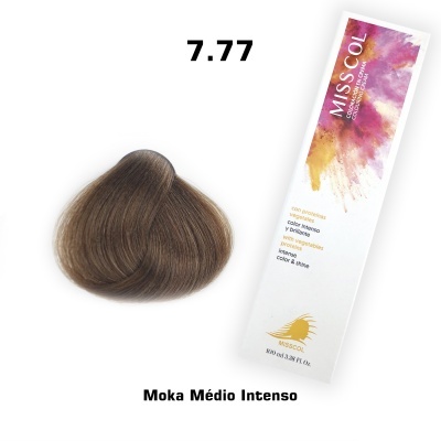 Amostra de cabelo castanho médio intenso com embalagem MISSCOL em fundo branco