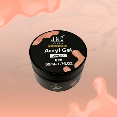 Frasco preto de gel acrílico para unhas JNC em fundo rosa