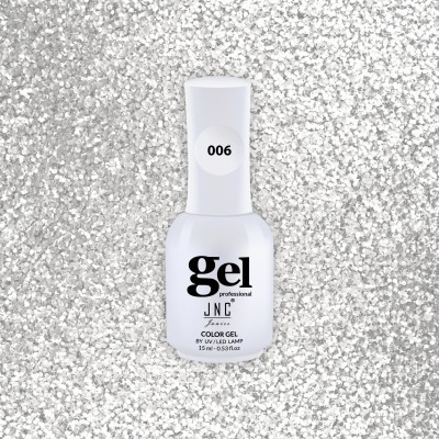 Frasco branco de verniz gel JNC com número 006 em fundo prateado