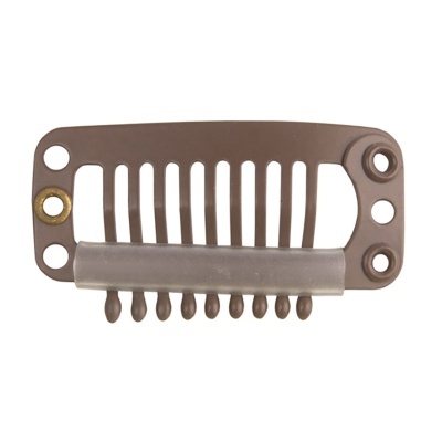 Pente de plástico castanho com dentes e furos para aparafusar
