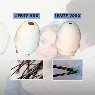 Dois aparelhos de lente branca com texto 'LENTE 50X' e 'LENTE 200X' e imagens ampliadas de cabelos.