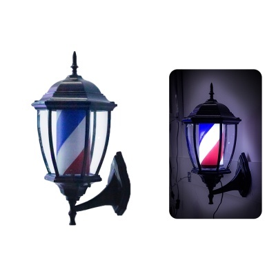 Luminária de parede preta com vidro e padrão de riscas azul, branco e vermelho