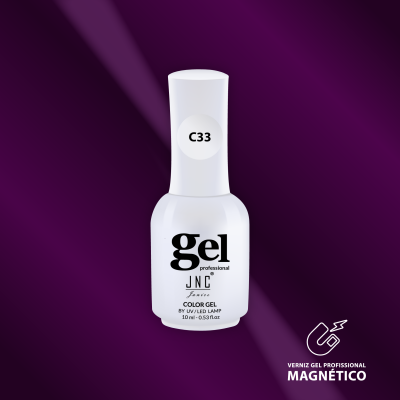 Frasco branco de verniz gel profissional JNC com etiqueta C33 e fundo roxo