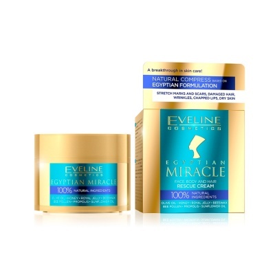 Creme facial, corporal e capilar Egyptian Miracle da Eveline Cosmetics em embalagem dourada com rótulo azul