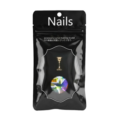 Embalagem preta para acessórios de unhas com suporte dourado e brilhante multicolorido
