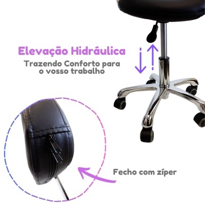 Cadeira de escritório preta com base cromada e rodízios, apoio com fecho de zíper em detalhe.