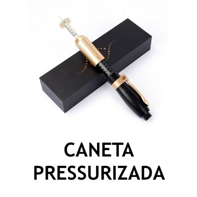 Caneta pressurizada preta e dourada sobre caixa preta