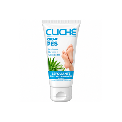 Creme para pés esfoliante com aloe vera em tubo branco da marca CLICHÉ